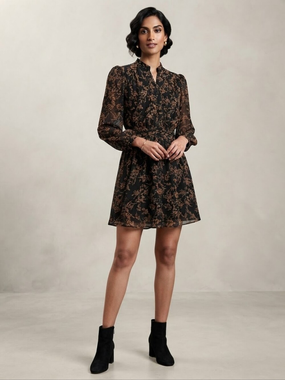 Dynamite Black & Brown Floral Print Long Sleeve Mini Dress Size Medium
